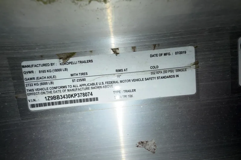 Slide: The Image of Label on Kokopelli trailer showing specifications and VIN, manufactured July 2019. - 42