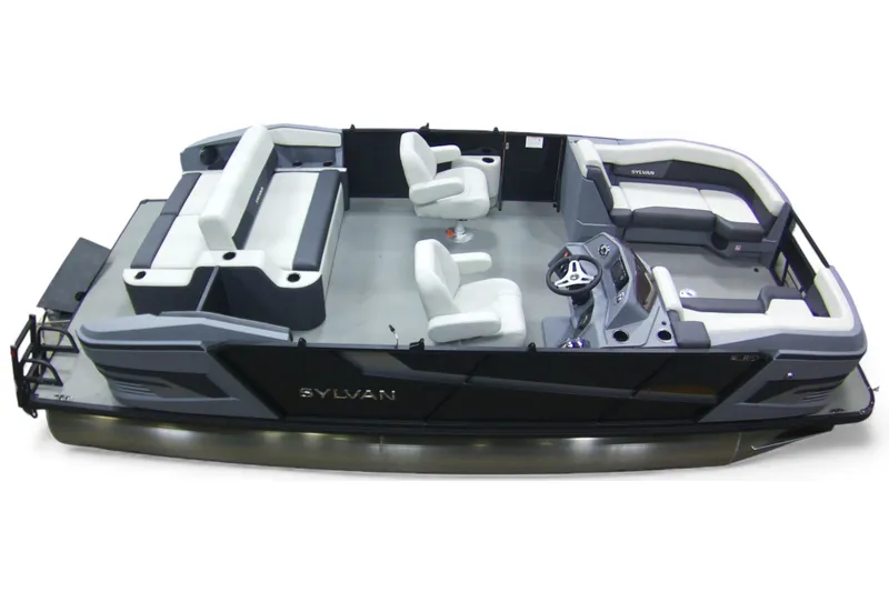 Slide: The Image of 2026 Sylvan R-22 CLZ DH pontoon boat with modern seating and steering console. - 6