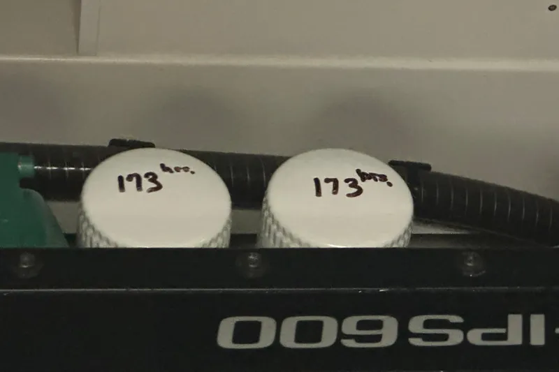 Slide: The Image of Engine compartment of a 2020 Prestige 460 with labeled components, "173 hrs." - 37