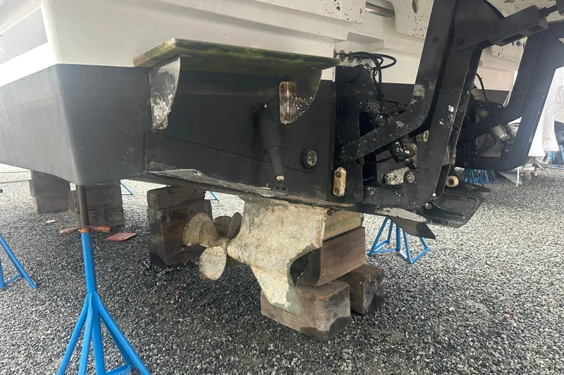 Slide: The Image of 2020 Prestige 460 yacht propeller and stern on stands for maintenance. - 47