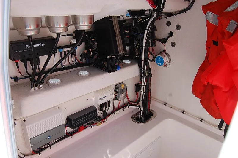 Slide: The Image of 2020 Cape Horn 31T boat electronics and wiring setup with safety gear. - 13