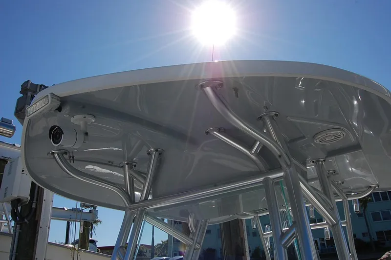 Slide: The Image of 2020 Cape Horn 31T boat's T-top structure under bright sun. - 17