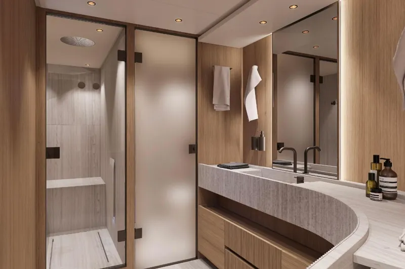 Slide: The Image of Luxurious bathroom interior of 2025 Sanlorenzo SD90 yacht with modern fixtures and elegant design. - 10