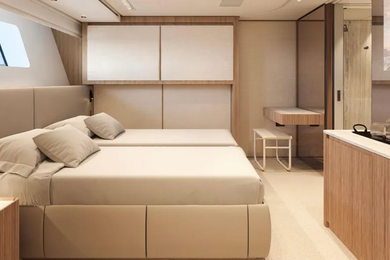Slide: The Image of Luxurious 2025 Sanlorenzo SD90 yacht bedroom with modern design and elegant furnishings. - 11