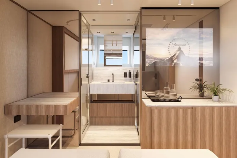 Slide: The Image of Luxurious interior of 2025 Sanlorenzo SD90 yacht, featuring modern design and elegant furnishings. - 12