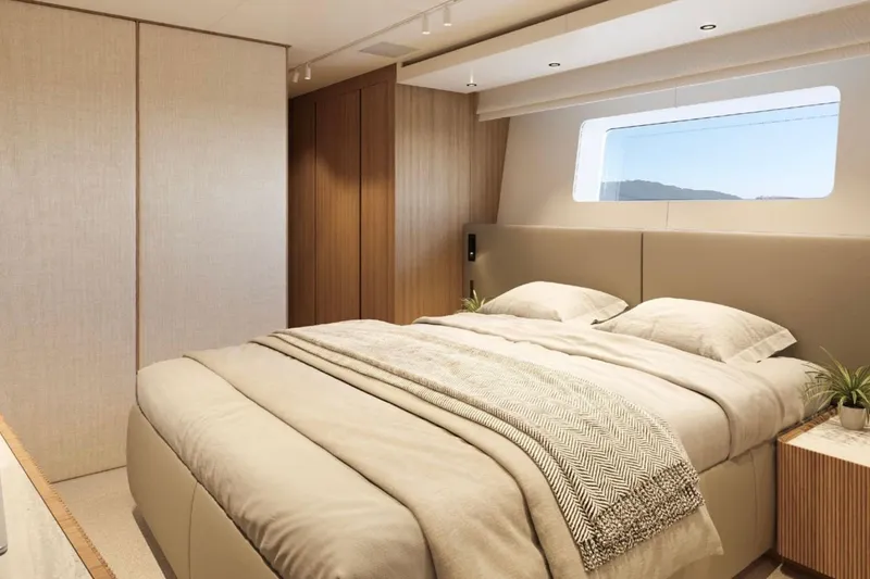 Slide: The Image of Luxurious bedroom interior of 2025 Sanlorenzo SD90 yacht with modern design and large window. - 14