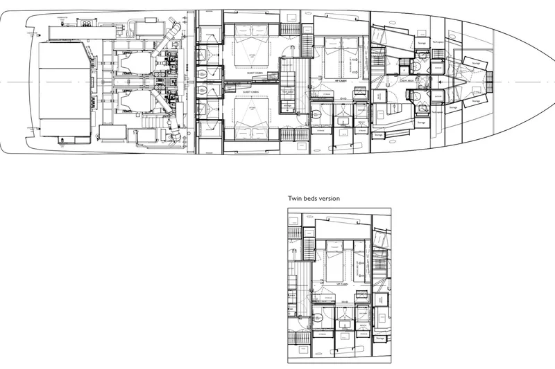 Slide: The Image of Floor plan of 2025 Sanlorenzo SD90 yacht, featuring guest cabins and engine room layout. - 18