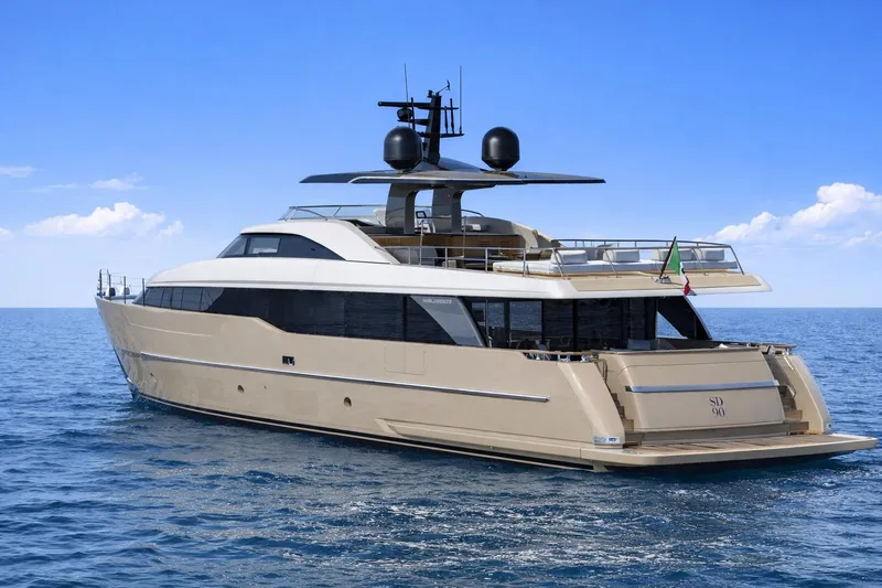 Slide: The Image of Luxurious 2025 Sanlorenzo SD90 yacht cruising on open sea under clear blue sky. - 2