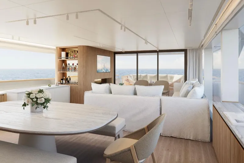 Slide: The Image of Luxurious interior of 2025 Sanlorenzo SD90 yacht with elegant furnishings and ocean view. - 5