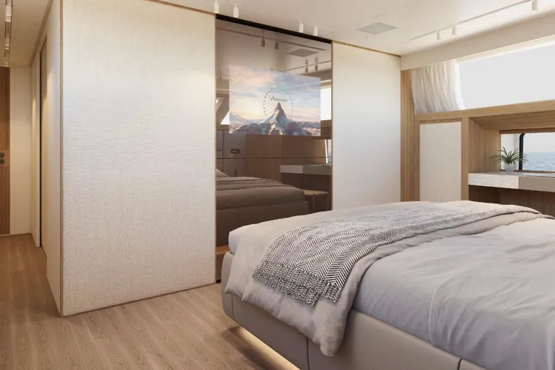 Slide: The Image of Luxurious bedroom interior of 2025 Sanlorenzo SD90 yacht, featuring modern design and ocean view. - 7