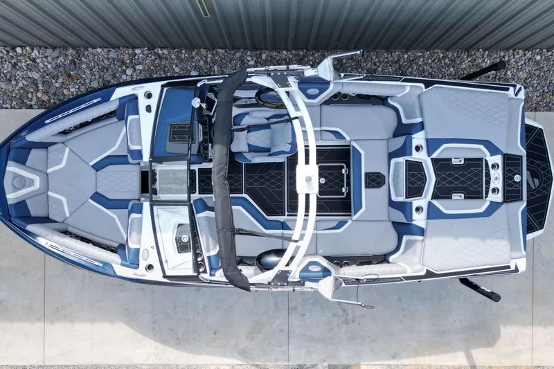 Slide: The Image of Overhead view of 2019 Tigé ZX1 boat with sleek, modern interior design. - 4