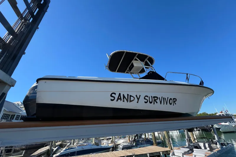 Slide: The Image of 2004 Hydra-Sports 212 CC boat named "Sandy Survivor" on a lift, clear blue sky background. - 34