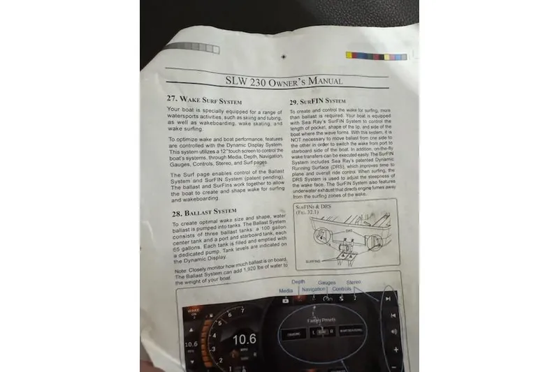 Slide: The Image of 2018 Sea Ray SLX-W 230 owner's manual page detailing wake surf, ballast, and SurFIN systems. - 22