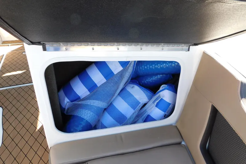 Slide: The Image of Storage compartment on 2018 Sea Ray SLX-W 230 boat with blue and white striped floats. - 38