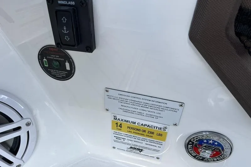 Slide: The Image of Control panel of 2025 Cobalt R6 boat, showing capacity and system information. - 7