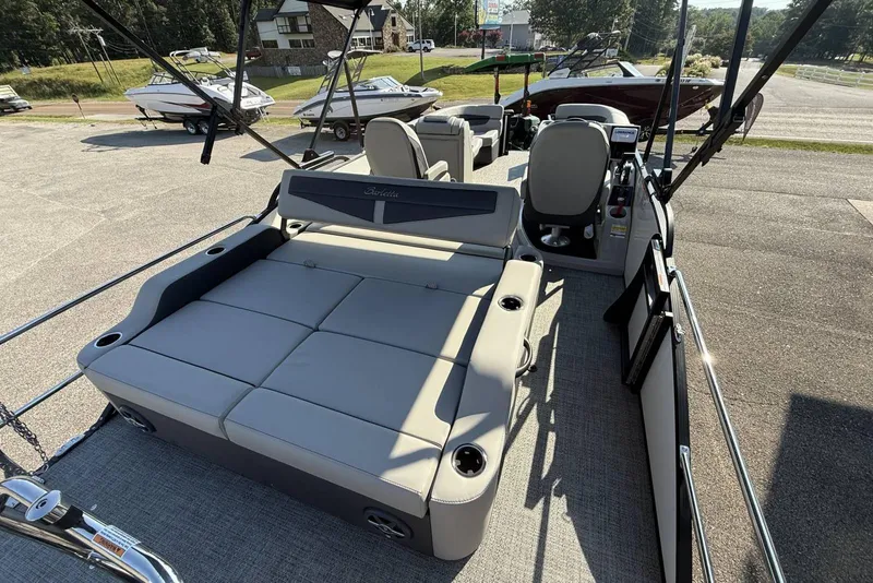 Slide: The Image of 2025 Barletta Cabrio 22UC pontoon boat interior with spacious seating and modern design. - 16