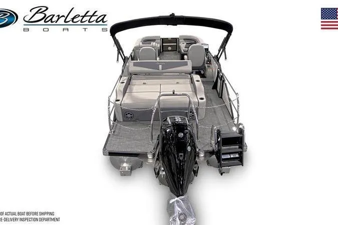 Slide: The Image of 2025 Barletta Cabrio 22UC pontoon boat, rear view, showcasing seating and motor. - 4