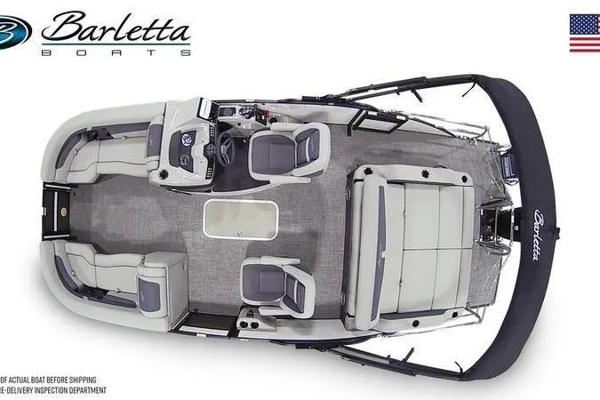 Slide: The Image of 2025 Barletta Cabrio 22UC pontoon boat, top view, showcasing seating and helm layout. - 7