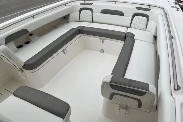 Slide: The Image of 2023 World Cat 280 CC-X boat interior with spacious seating and modern design. - 4