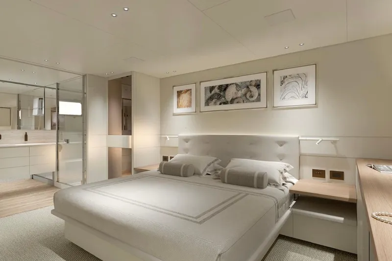 Slide: The Image of Luxurious bedroom interior on 2026 Sanlorenzo SP92 yacht, featuring elegant decor and modern design. - 10