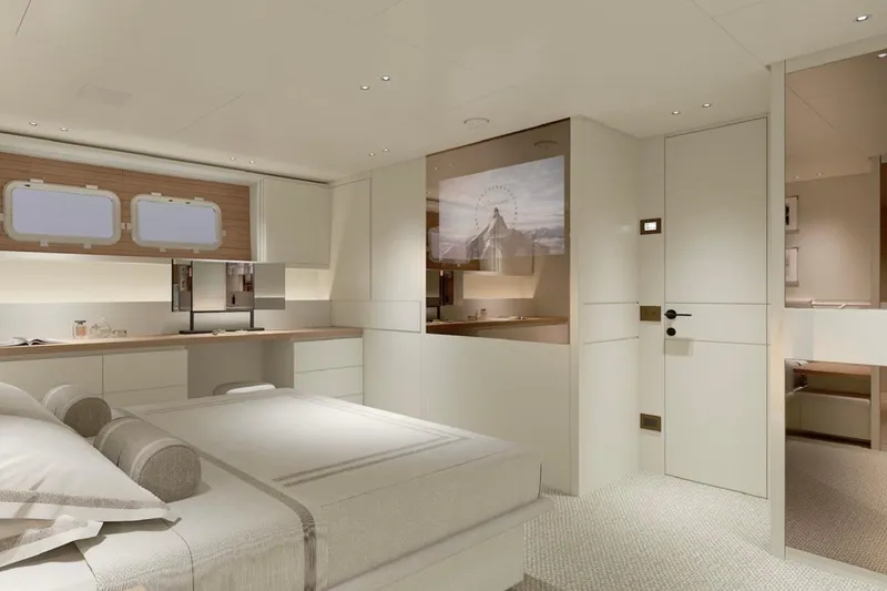 Slide: The Image of Luxurious Sanlorenzo SP92 2026 yacht interior with modern bedroom and elegant design. - 12