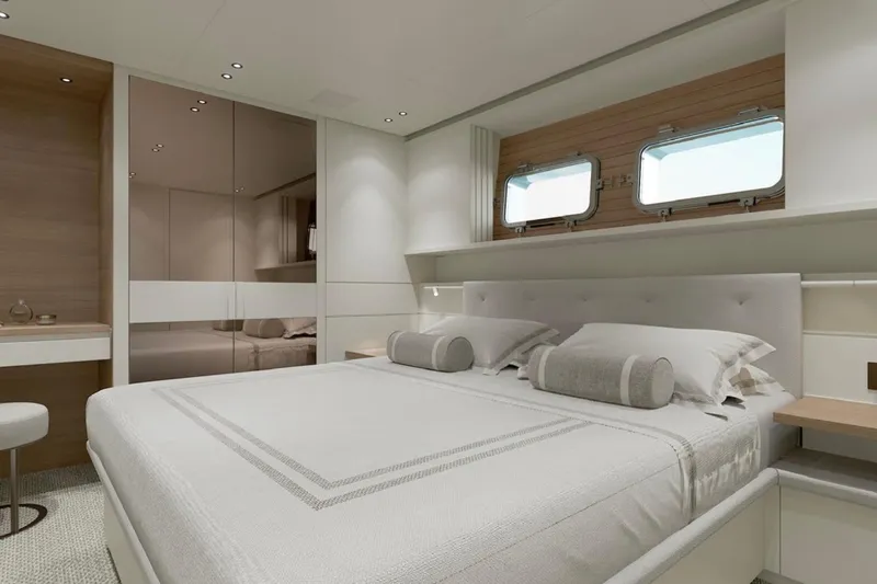 Slide: The Image of Luxurious Sanlorenzo SP92 2026 yacht bedroom with modern design and elegant furnishings. - 15