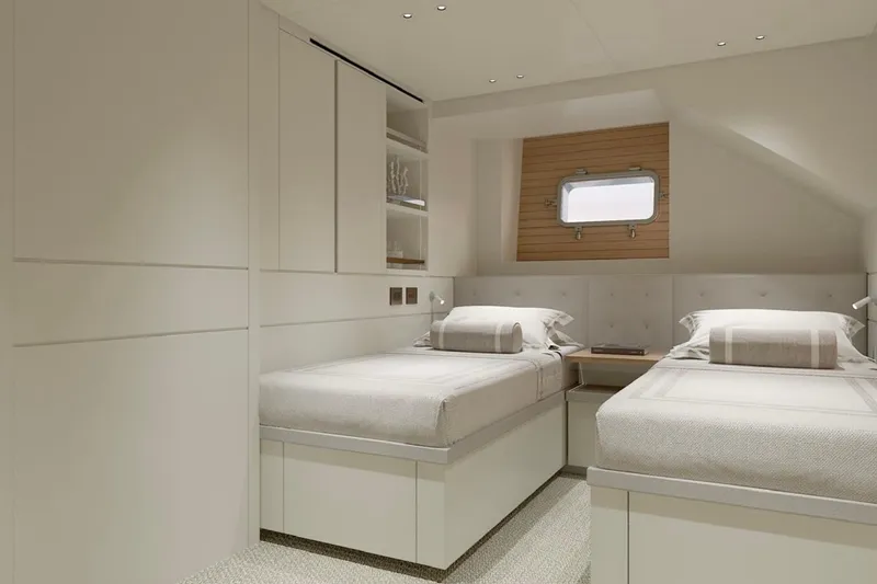 Slide: The Image of Luxurious twin bedroom on 2026 Sanlorenzo SP92 yacht, featuring modern design and elegant decor. - 19
