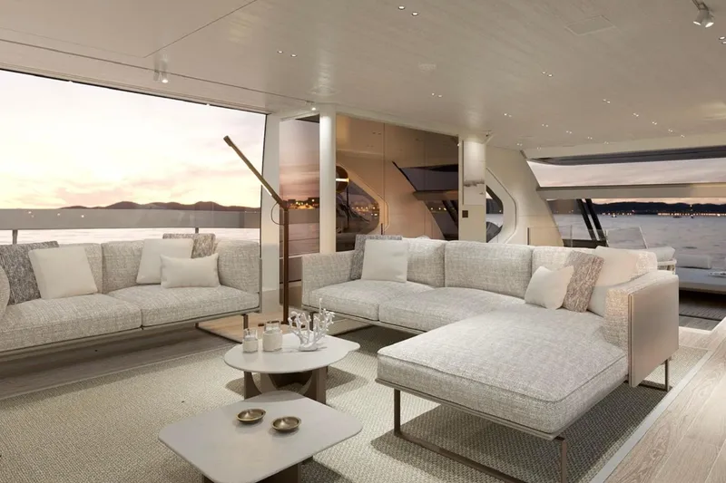 Slide: The Image of Luxurious interior of 2026 Sanlorenzo SP92 yacht with elegant seating and ocean view. - 7