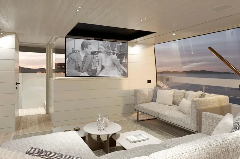 Slide: The Image of Luxurious Sanlorenzo SP92 yacht interior with modern decor and large screen, 2026 model. - 9