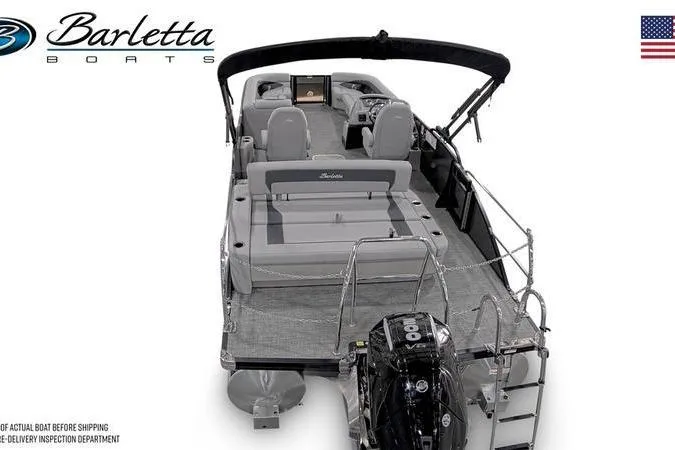 Slide: The Image of 2025 Barletta Aria 24UC pontoon boat, rear view, showcasing seating and motor. - 22