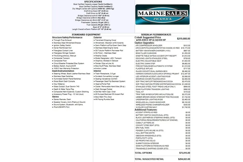 Slide: The Image of 2025 Cobalt R8 boat specifications and pricing details with optional upgrades listed. - 14