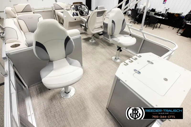 Slide: The Image of 2026 Avalon VEN RF boat interior with modern seating and control panel. - 11