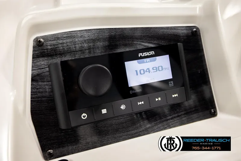 Slide: The Image of Fusion radio display in 2026 Avalon VEN RF boat, tuned to 104.9 FM. - 31