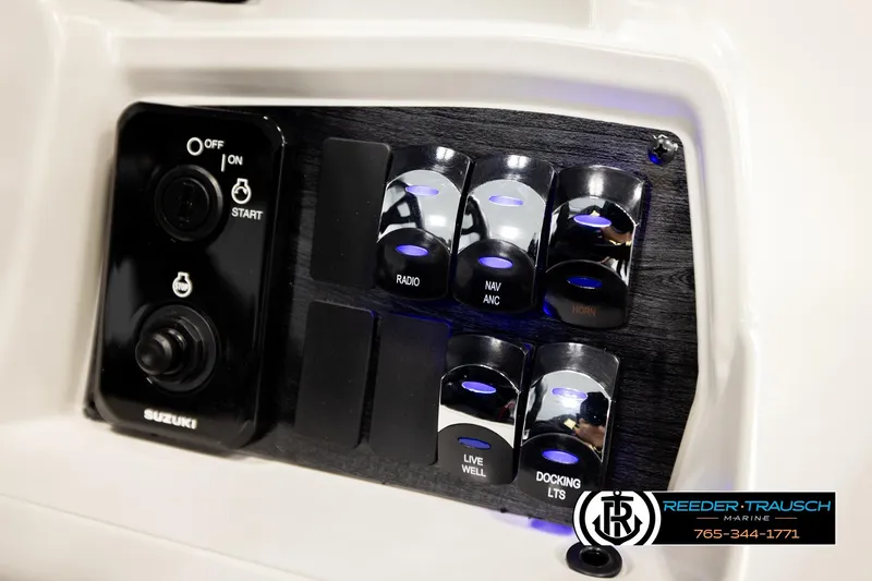 Slide: The Image of Control panel of 2026 Avalon VEN RF boat with Suzuki ignition and switches. - 35