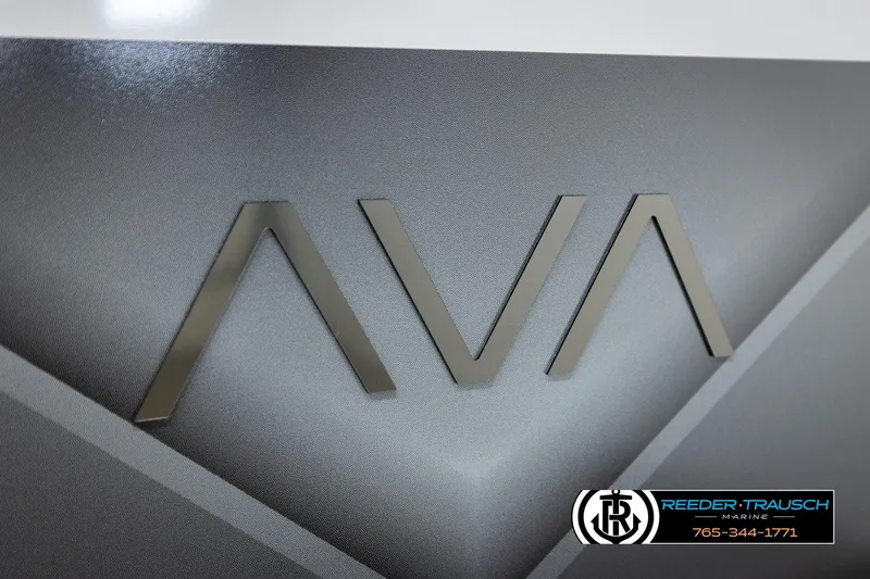 Slide: The Image of 2026 Avalon VEN RF logo on sleek metallic surface, Reeder-Trausch Marine branding. - 46