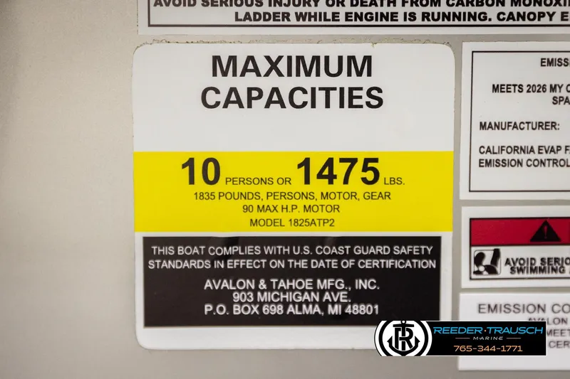 Slide: The Image of 2026 Avalon VEN RF boat capacity label: 10 persons or 1475 lbs, 90 HP motor. - 51