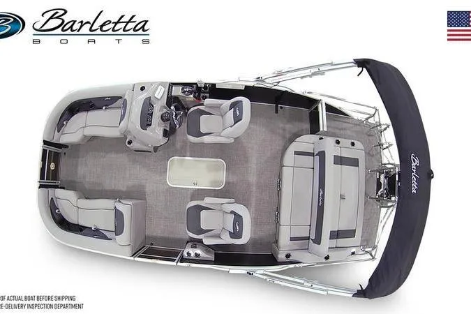 Slide: The Image of Barletta ARIA 22UC 2025 pontoon boat, top view, spacious seating, modern design. - 7