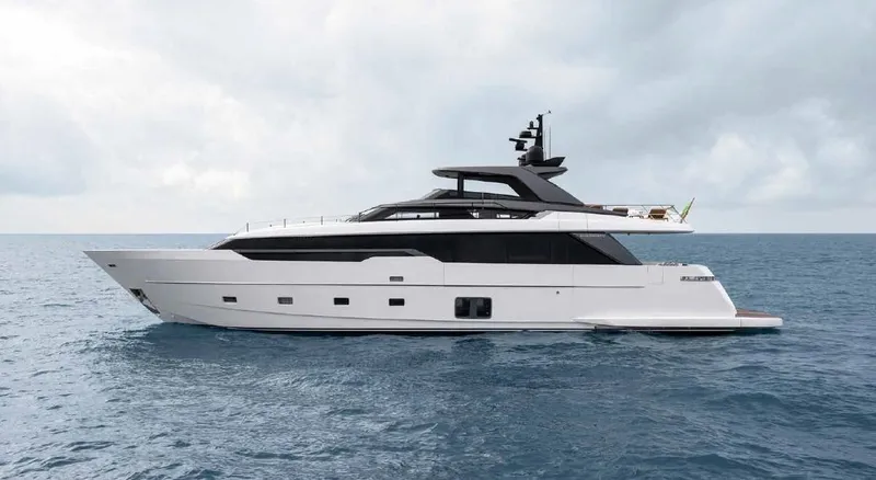 Slide: The Image of 2022 Sanlorenzo SL96A yacht on open sea under cloudy sky. - 0