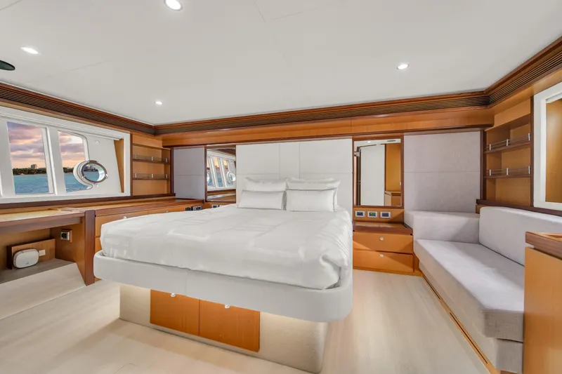 Slide: The Image of Luxurious bedroom interior of 2011 Ferretti Yachts 660 with modern design and ocean view. - 34