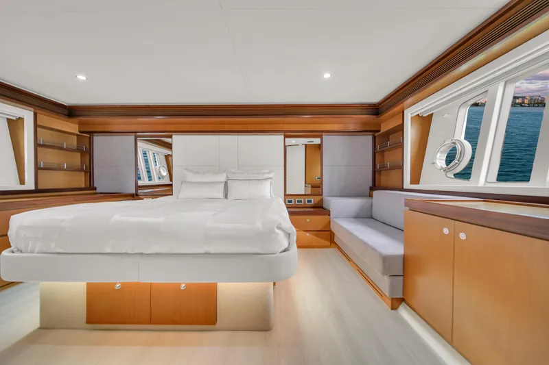 Slide: The Image of Luxurious 2011 Ferretti Yachts 660 bedroom with elegant wood finishes and ocean view. - 35