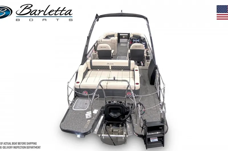 Slide: The Image of 2026 Barletta L25UCA pontoon boat, luxury seating, sleek design, American flag, Barletta logo. - 3