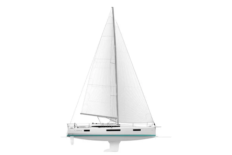 Slide: The Image of Manufacturer Provided Image: 2025 Jeanneau Sun Odyssey 440 sailboat, side view, white hull, sleek design. - 20