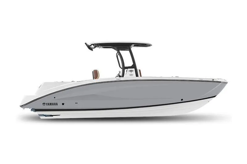 Slide: The Image of 2024 Yamaha Boats 255 FSH Sport E, sleek gray and white design, side view. - 8