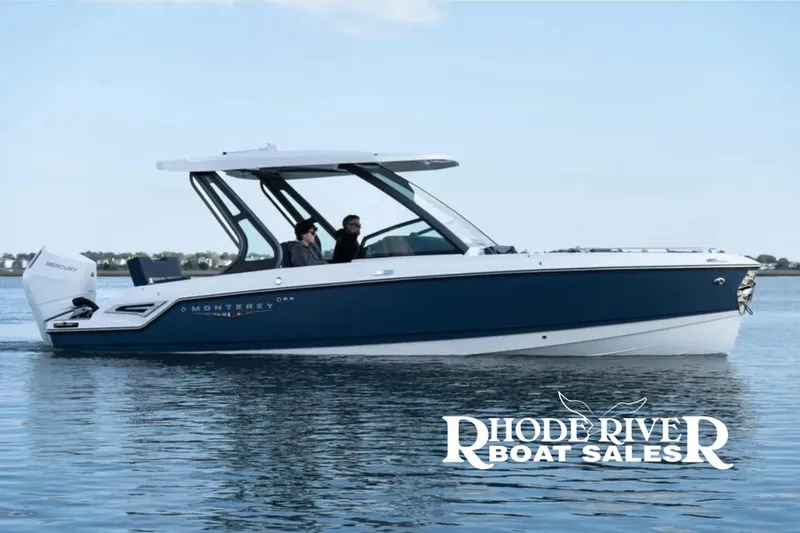 The Image of 2026 Monterey Elite 27 OB boat cruising on water, Rhode River Boat Sales logo visible. - 0