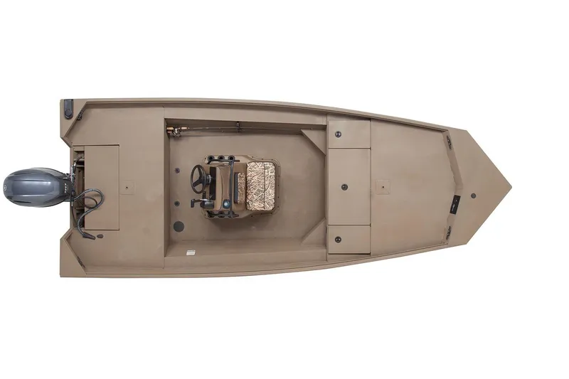 Slide: The Image of Manufacturer Provided Image: 2026 G3 Gator Tough 18 CC boat, top view, beige color, with outboard motor. - 12