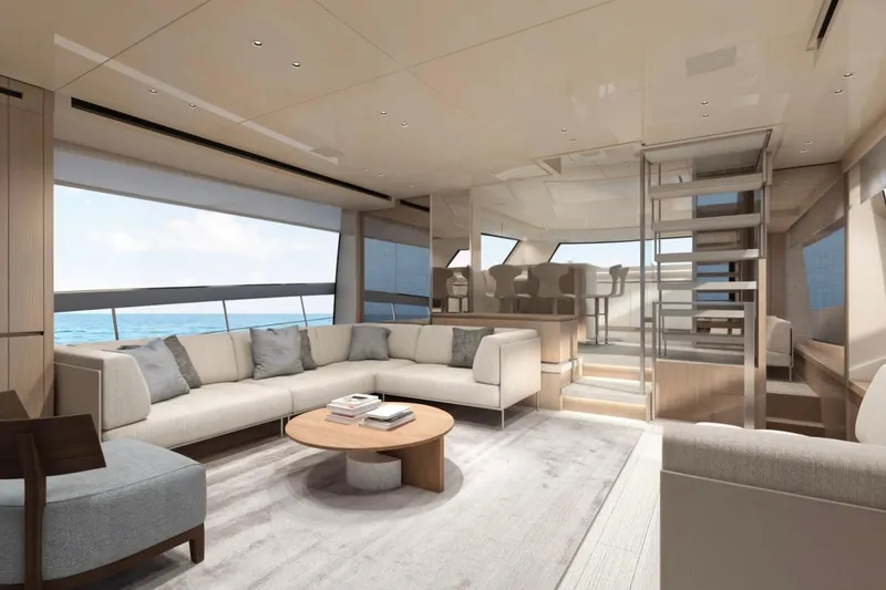 Slide: The Image of Luxurious interior of 2026 Sanlorenzo SX76 yacht with modern furnishings and ocean view. - 11