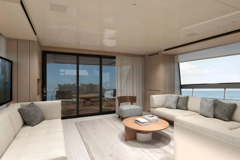 Slide: The Image of Luxurious interior of 2026 Sanlorenzo SX76 yacht with modern furnishings and ocean view. - 12
