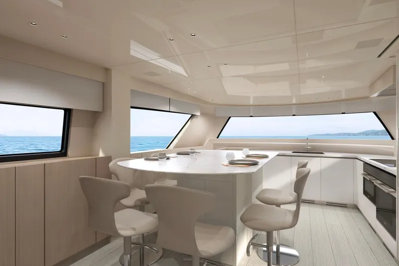 Slide: The Image of Luxurious interior of 2026 Sanlorenzo SX76 yacht with modern kitchen and ocean view. - 13