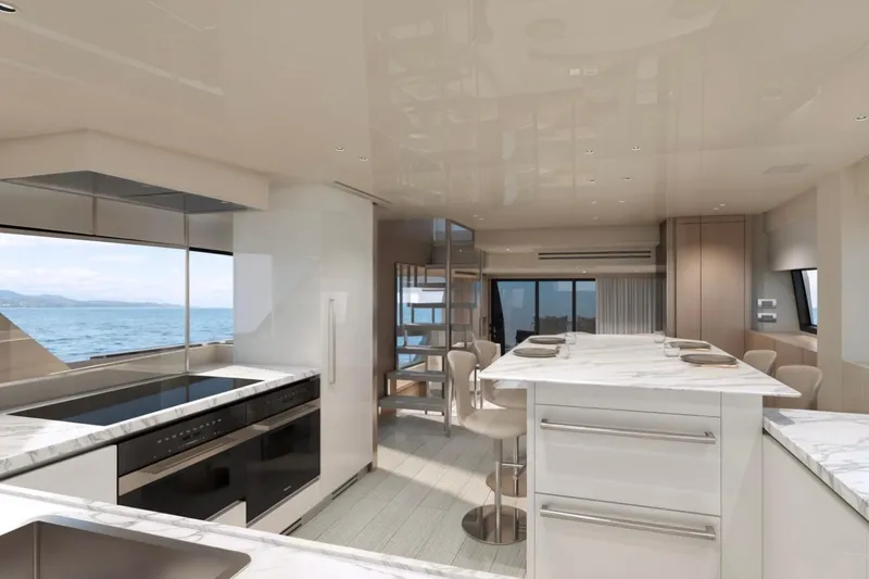 Slide: The Image of Luxurious interior of 2026 Sanlorenzo SX76 yacht with modern kitchen and ocean view. - 14