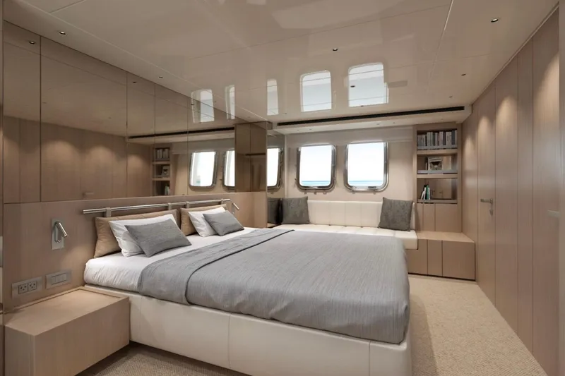 Slide: The Image of Luxurious Sanlorenzo SX76 2026 yacht bedroom with modern design and elegant furnishings. - 15